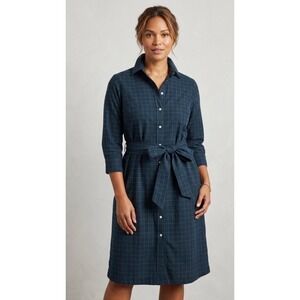 Ann Mashburn Womens Black Watch Plaid Belted Shirt Dress Navy Green Large L